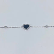 7 inches Sterling silver bracelet with black enamel heart and cubic zirconia accents extended bracelet