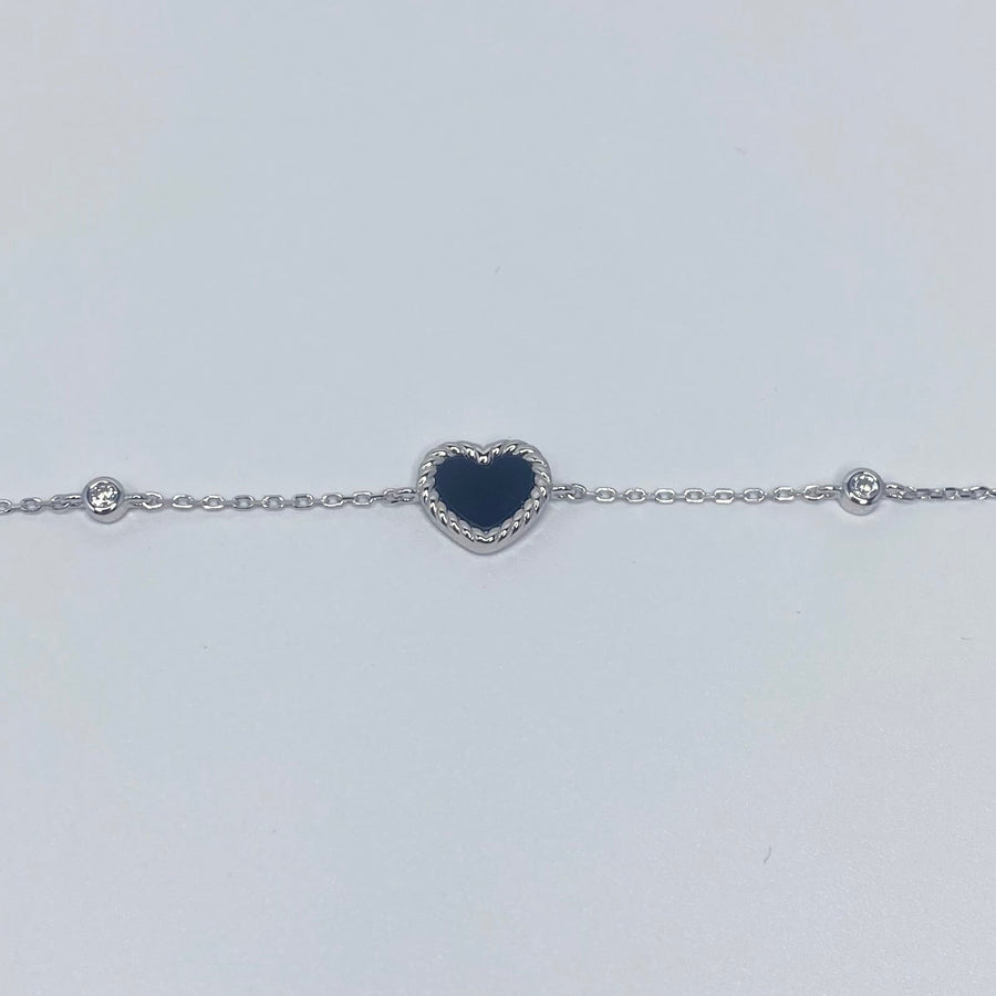 7 inches Sterling silver bracelet with black enamel heart and cubic zirconia accents extended bracelet