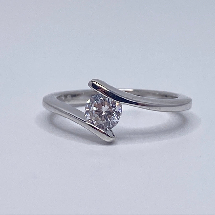 Round cut cubic zirconia ring in sterling silver tension setting