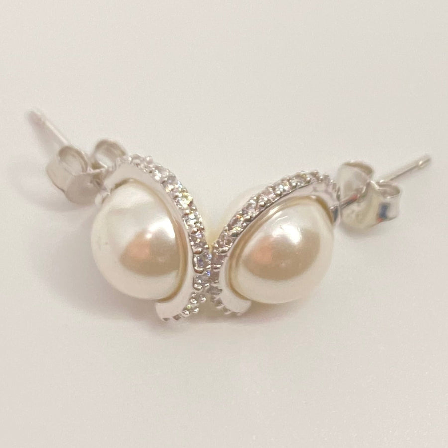 Pearl CZ Halo Earrings