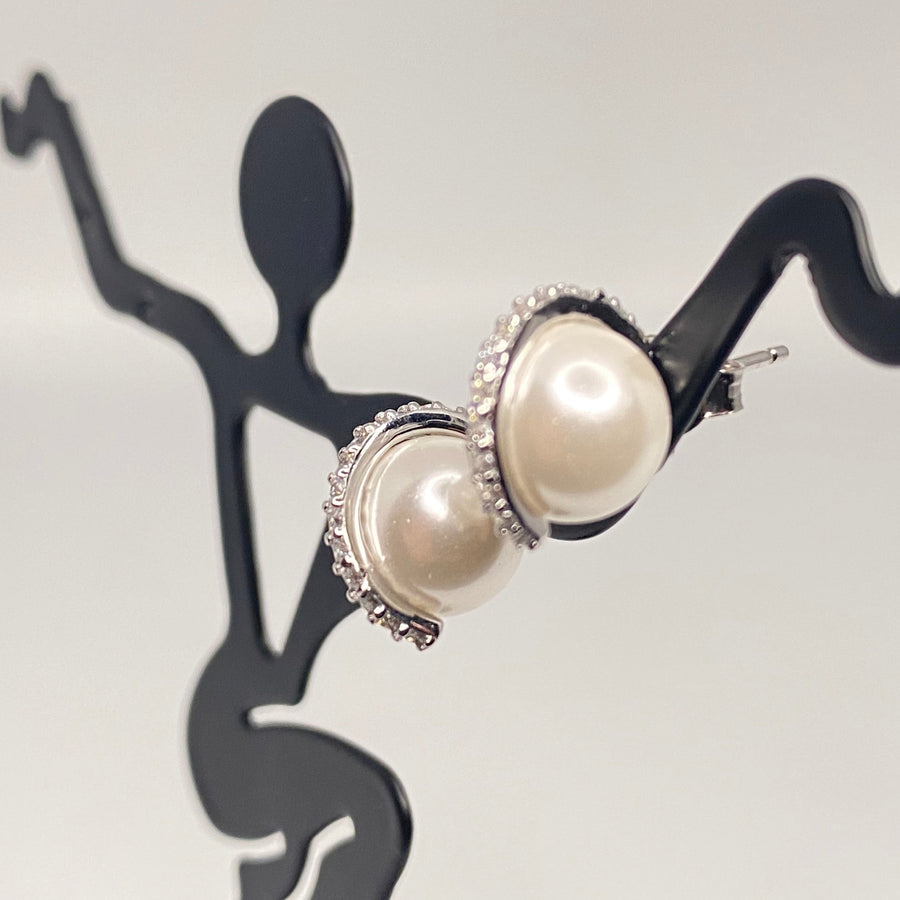 Pearl CZ Halo Earrings