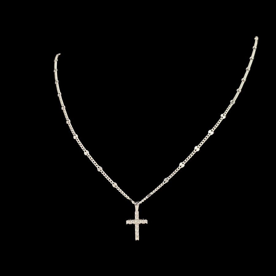 Moissanite cross pendant on the curb link chain with diamond cut confetti link alternating every 7 links